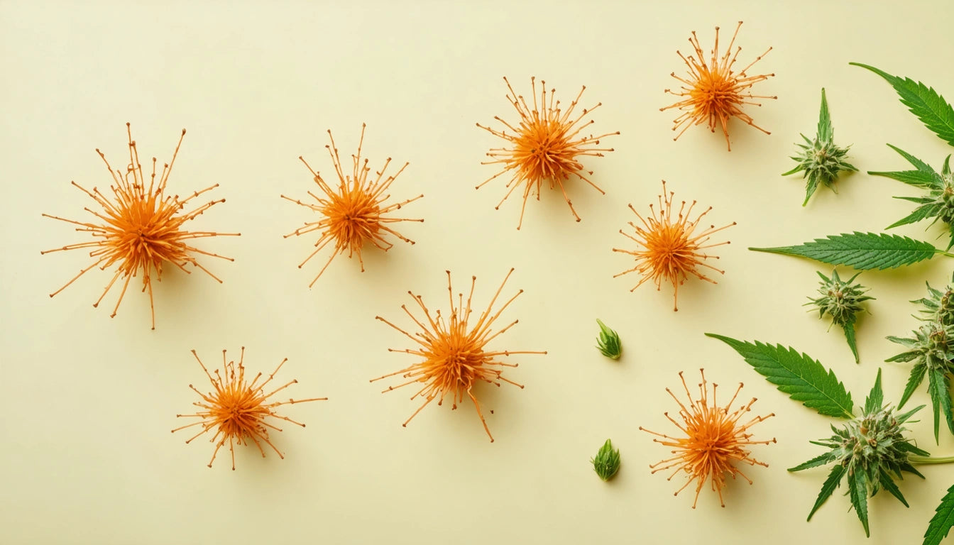 Orange spiky spheres scattered on light background, with green leaves and small buds on the right side