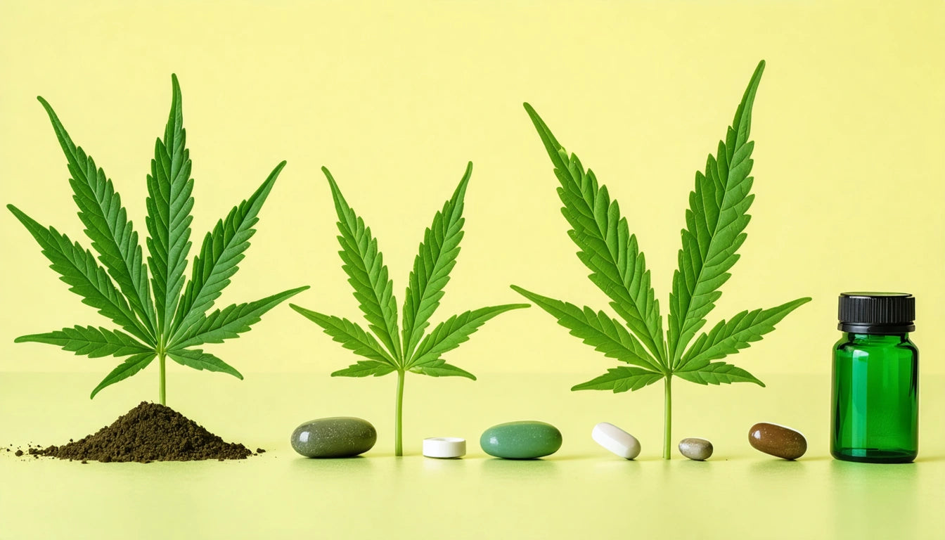Three cannabis leaves, soil, assorted pills, and a green bottle on a yellow background