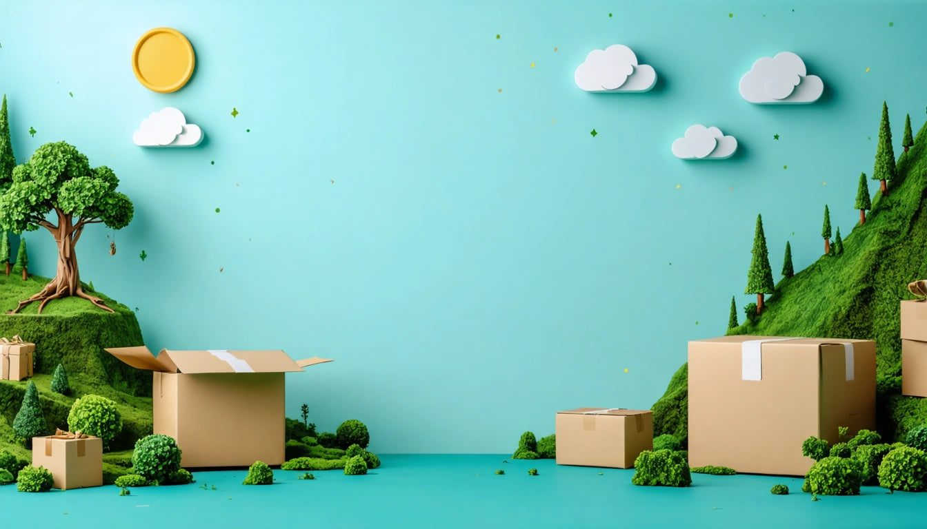 Cardboard boxes on grassy hills with trees, clouds, and a sun against a blue background