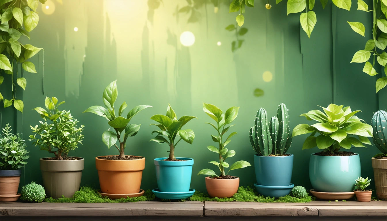 Potted plants in various sizes and colors on a wooden shelf, with green leaves hanging above and soft sunlight in the background
