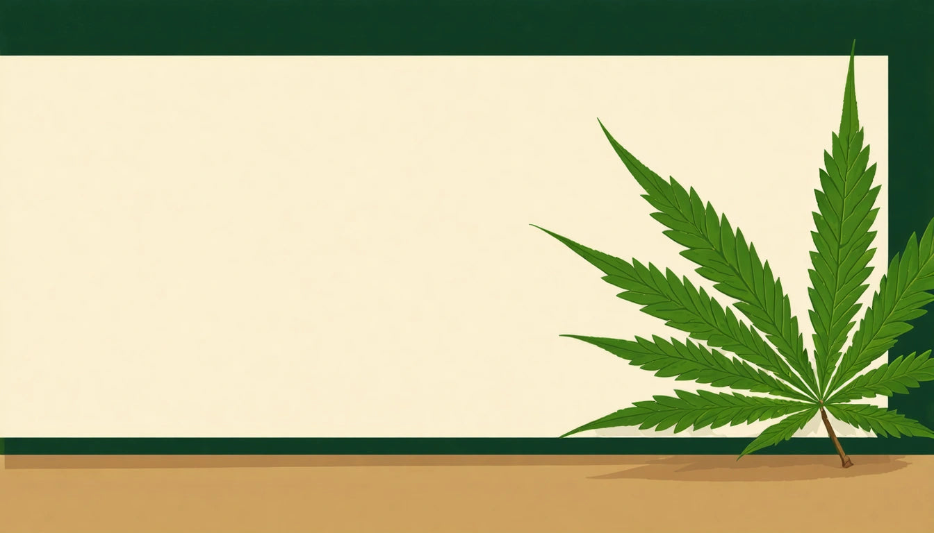 Green leaf with serrated edges on bottom right, beige background, dark green border on top, brown strip at bottom