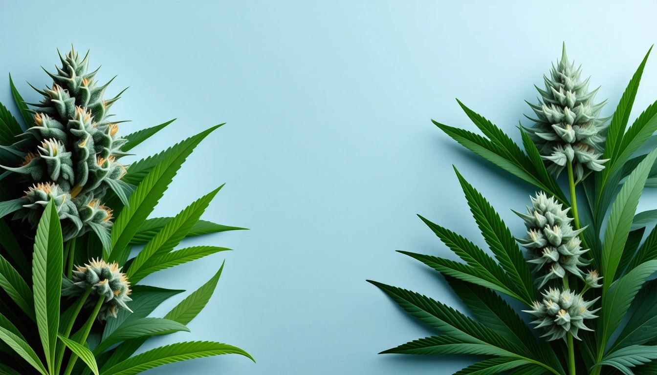 Green cannabis leaves and buds on a light blue background, arranged symmetrically on the left and right sides