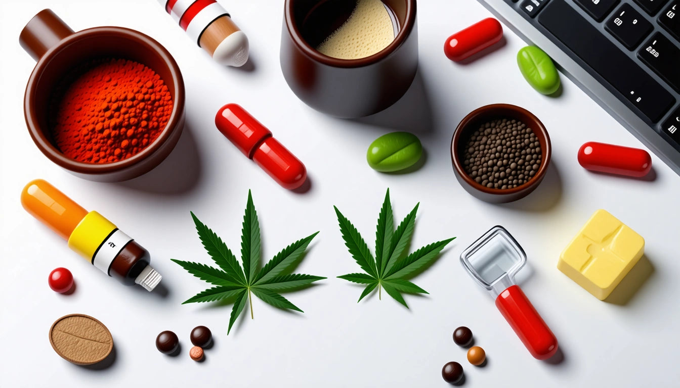 Various pills, capsules, two cannabis leaves, bowls of red and brown granules, and a keyboard corner on a white surface
