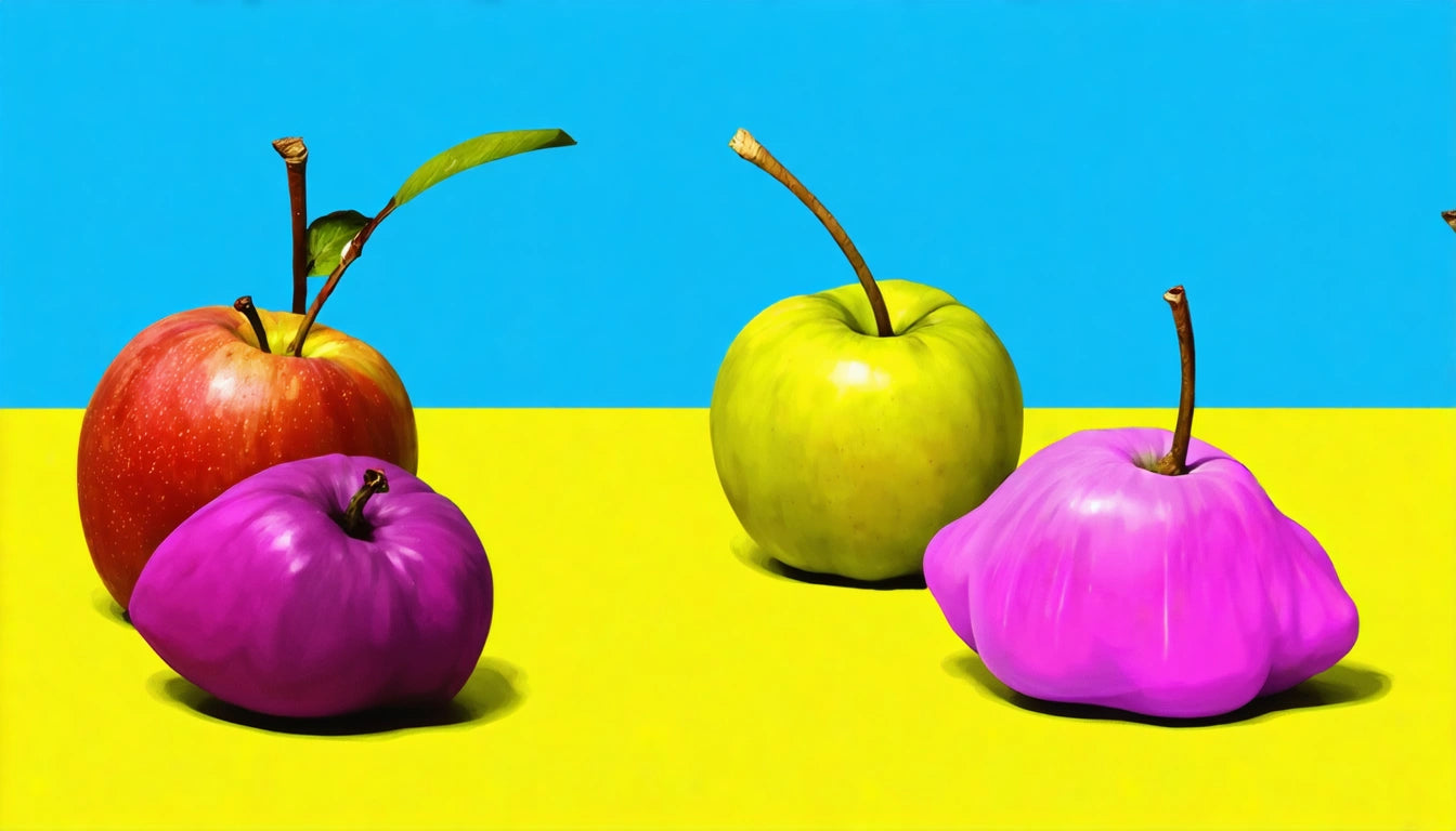 Red apple with leaf, green apple, and two purple apples on yellow surface against blue background