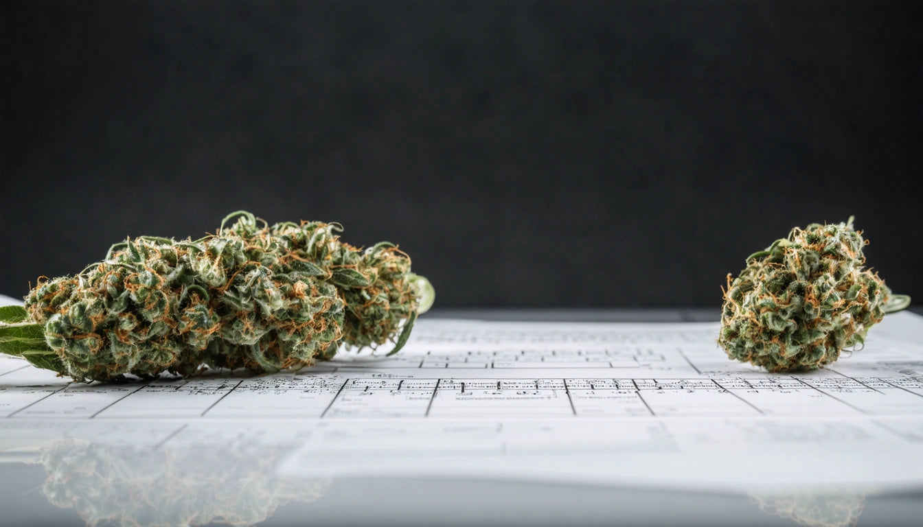 Two clusters of green and orange plant buds on a reflective surface with a blurred black background