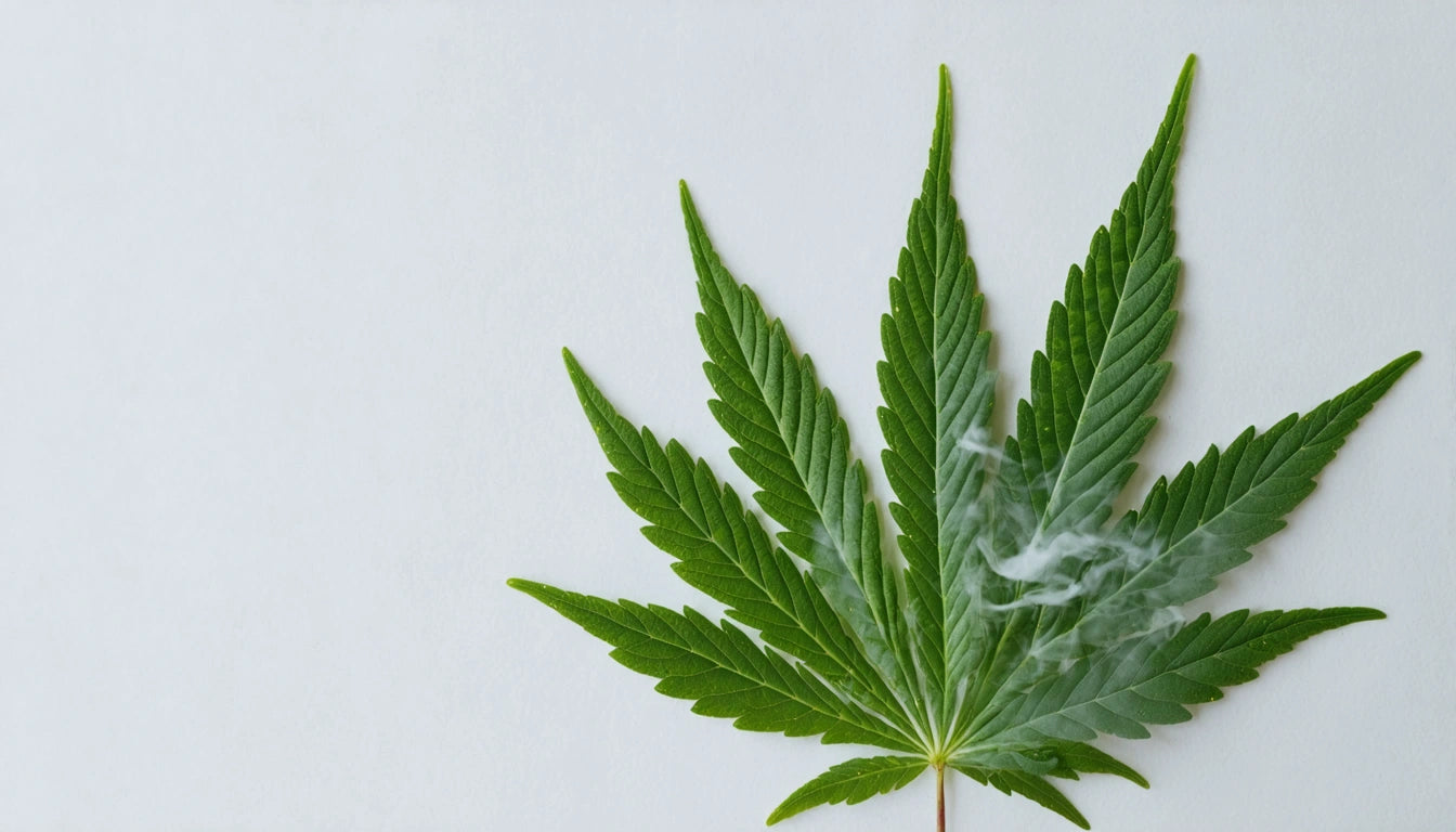 Green leaf with jagged edges on white background, thin wisps of smoke rising from the center