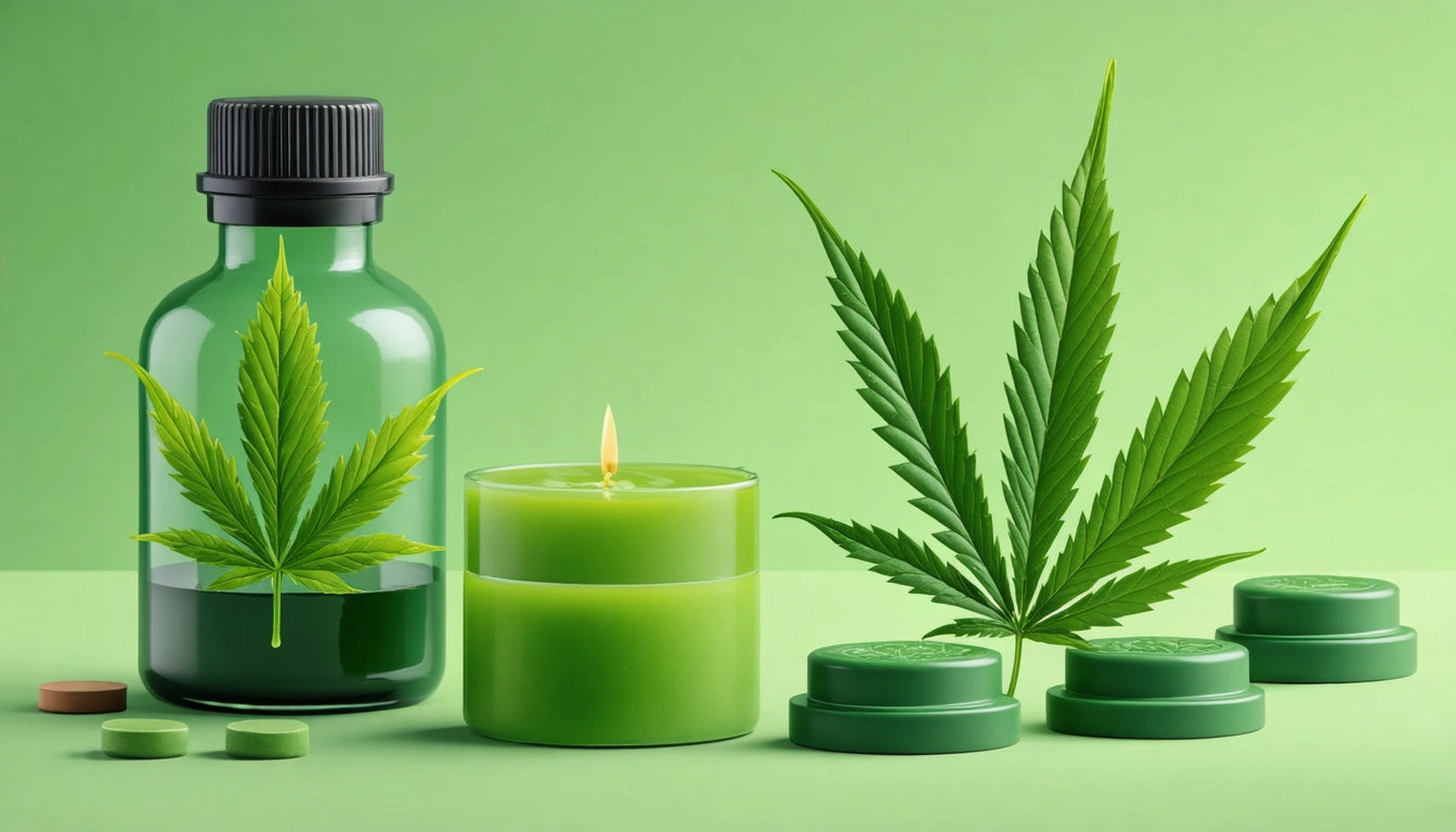 Green bottle with leaf design, lit green candle, large green leaf, and green containers on light green background