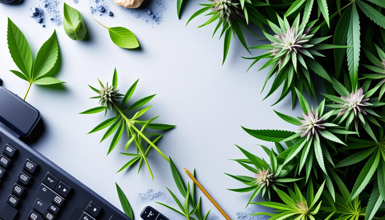 Green leaves and buds scattered on a light surface, with a keyboard and pencil visible in the corners