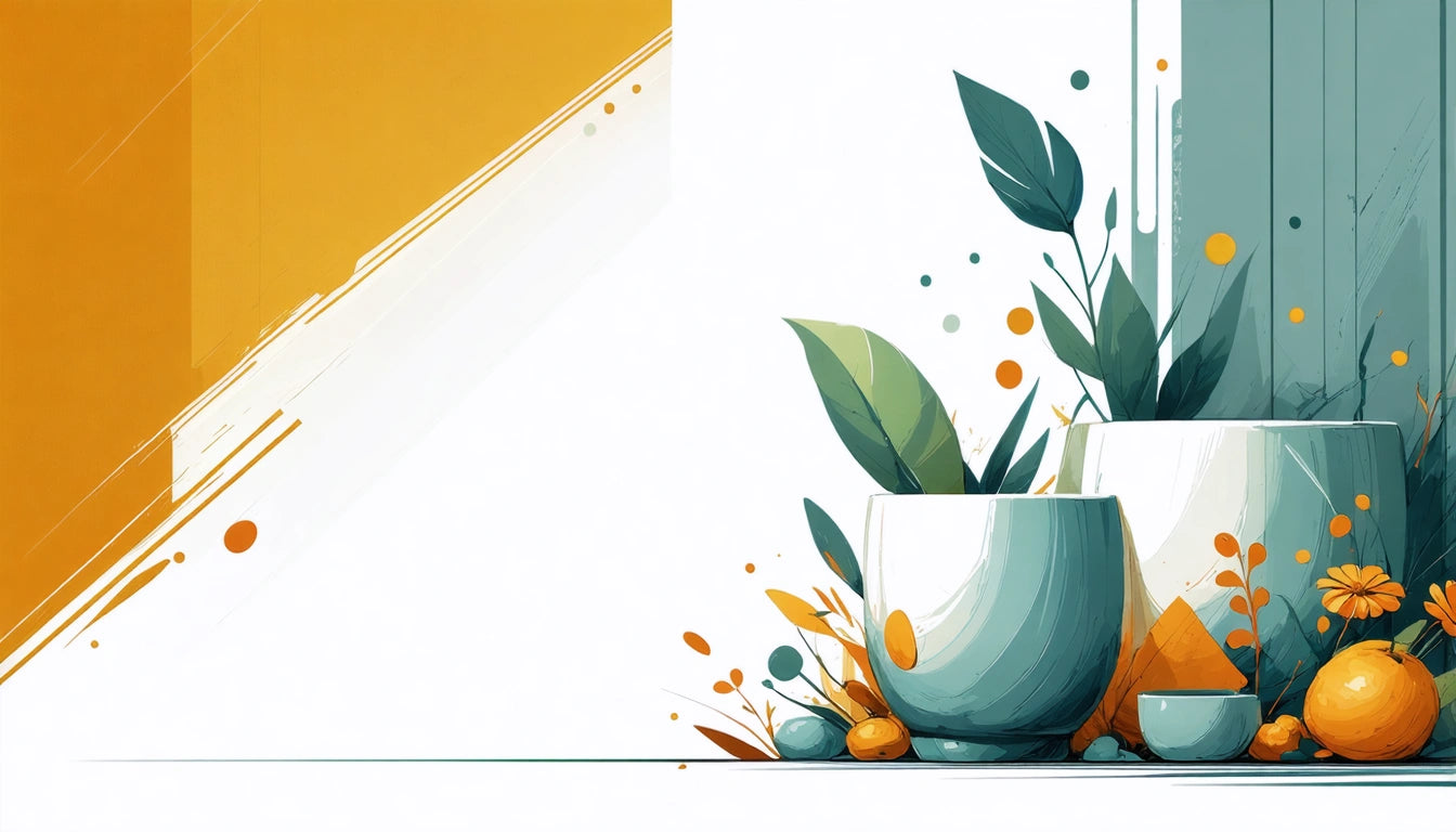 Abstract composition with teal and white vases, green leaves, orange flowers, and geometric shapes on a white and orange background