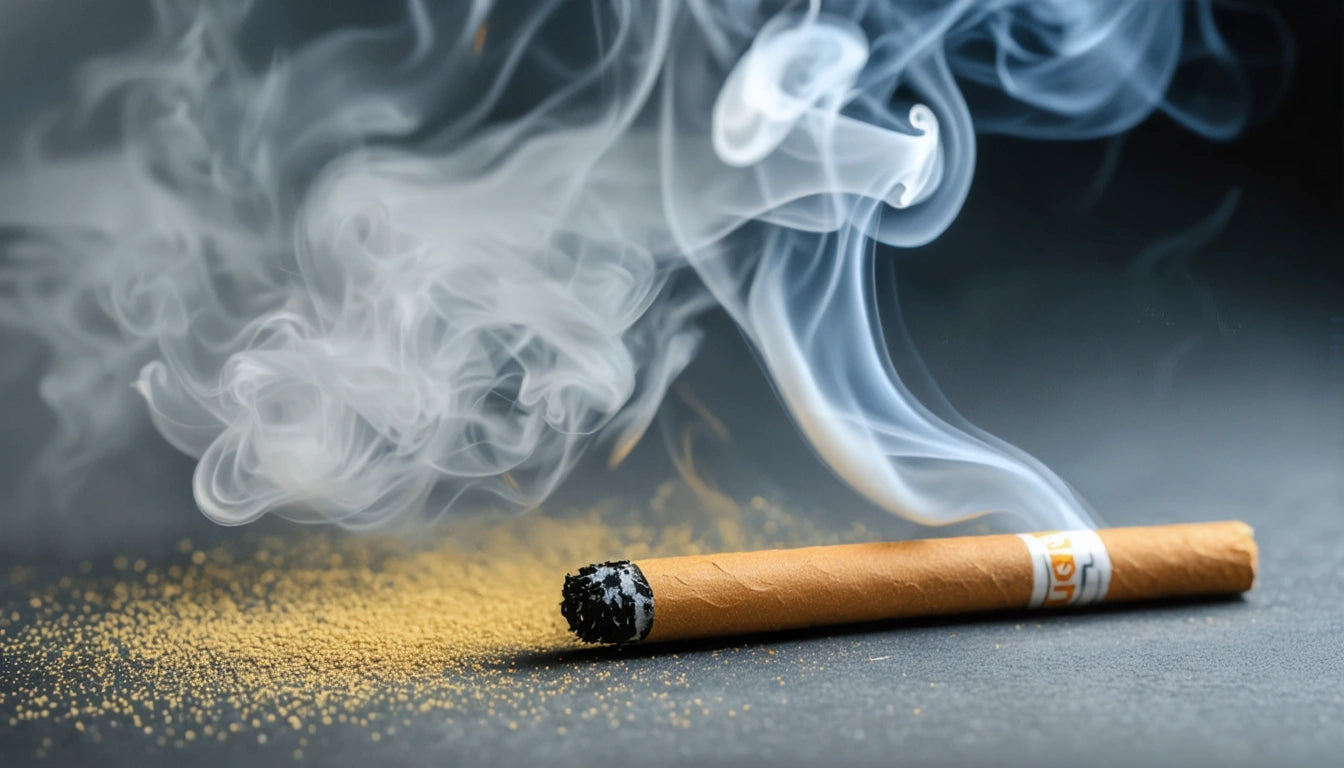 Lit cigar on dark surface with swirling smoke and scattered yellow powder