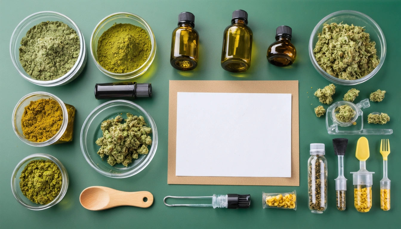 Jars of green powders, glass bottles, cannabis buds, and small tools arranged around a blank paper on a green surface
