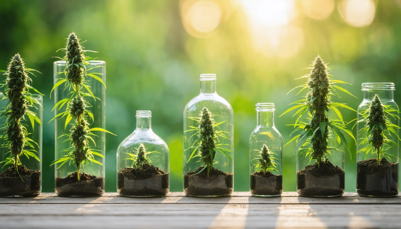 Seven glass bottles of varying sizes, each containing a small plant with soil, arranged on a wooden surface, sunlight in background