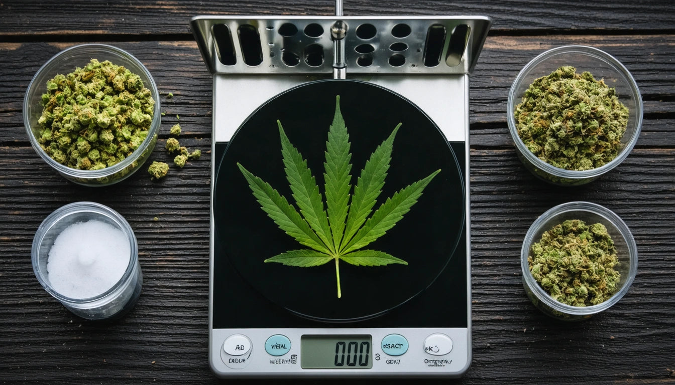 Green leaf on digital scale surrounded by jars of green buds and a jar of white powder on dark wooden surface