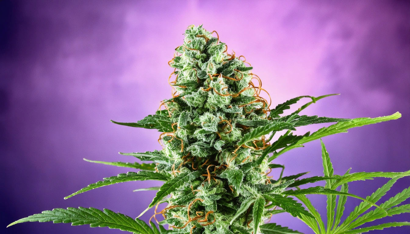 Green plant with dense, spiky leaves and orange strands against a purple background