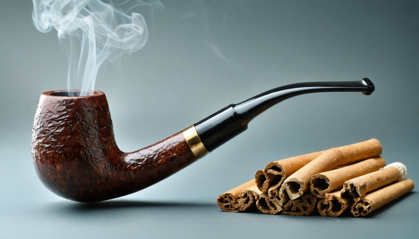 Smoking pipe with smoke rising, next to a stack of cinnamon sticks on a gray background