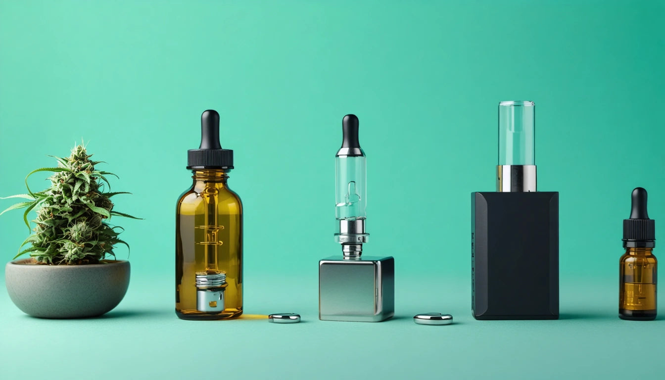 Potted plant, amber dropper bottles, silver vape pen, black vape device on green background