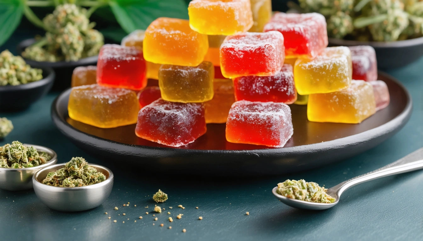 Stack of colorful gummy candies on a black plate, surrounded by small bowls of green herbs on a dark surface