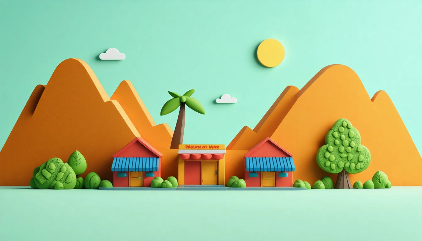 Colorful clay-style landscape with orange mountains, green trees, small buildings with blue awnings, and a yellow sun