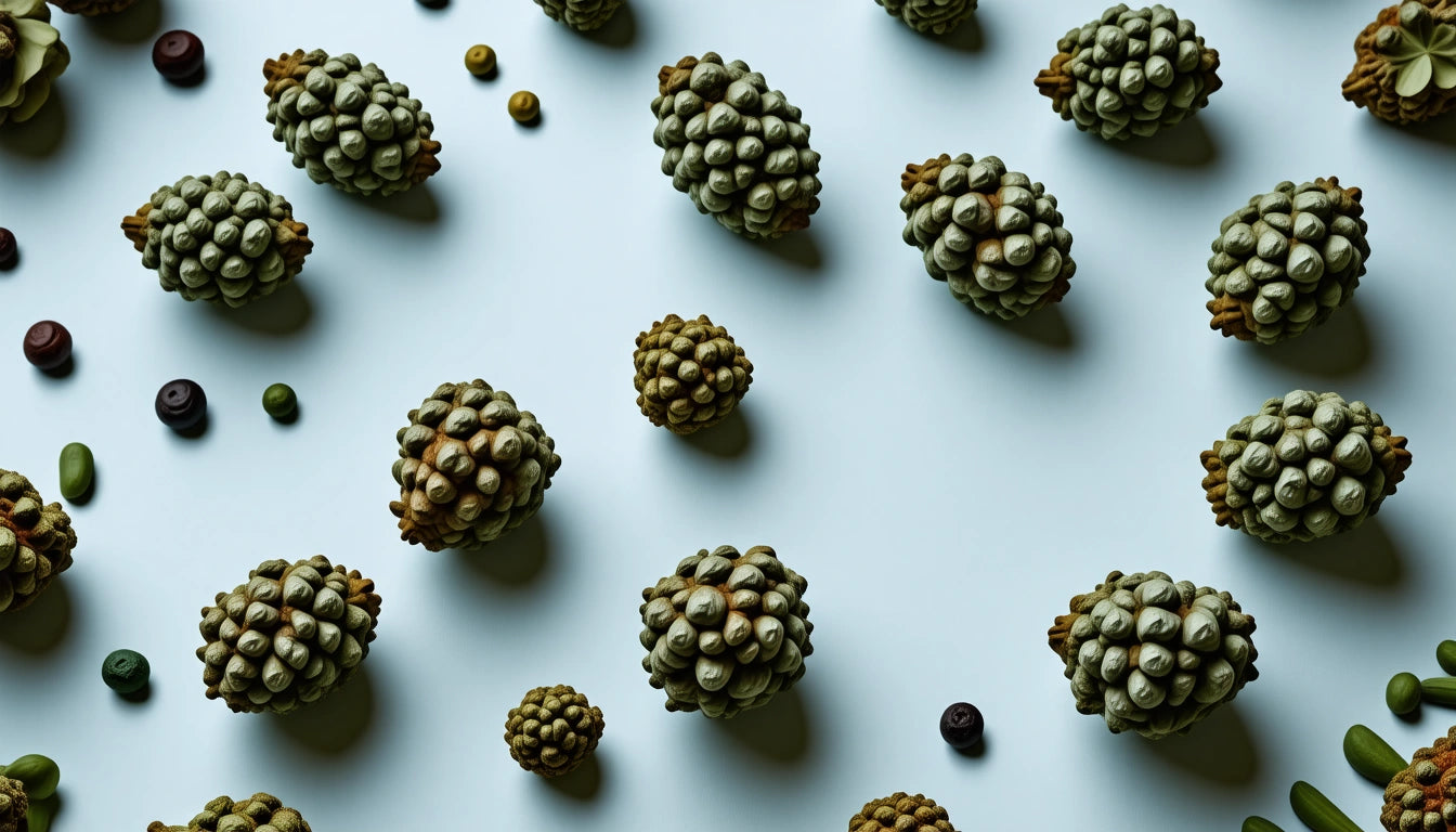 Green pine cones and small round objects scattered on a light blue surface