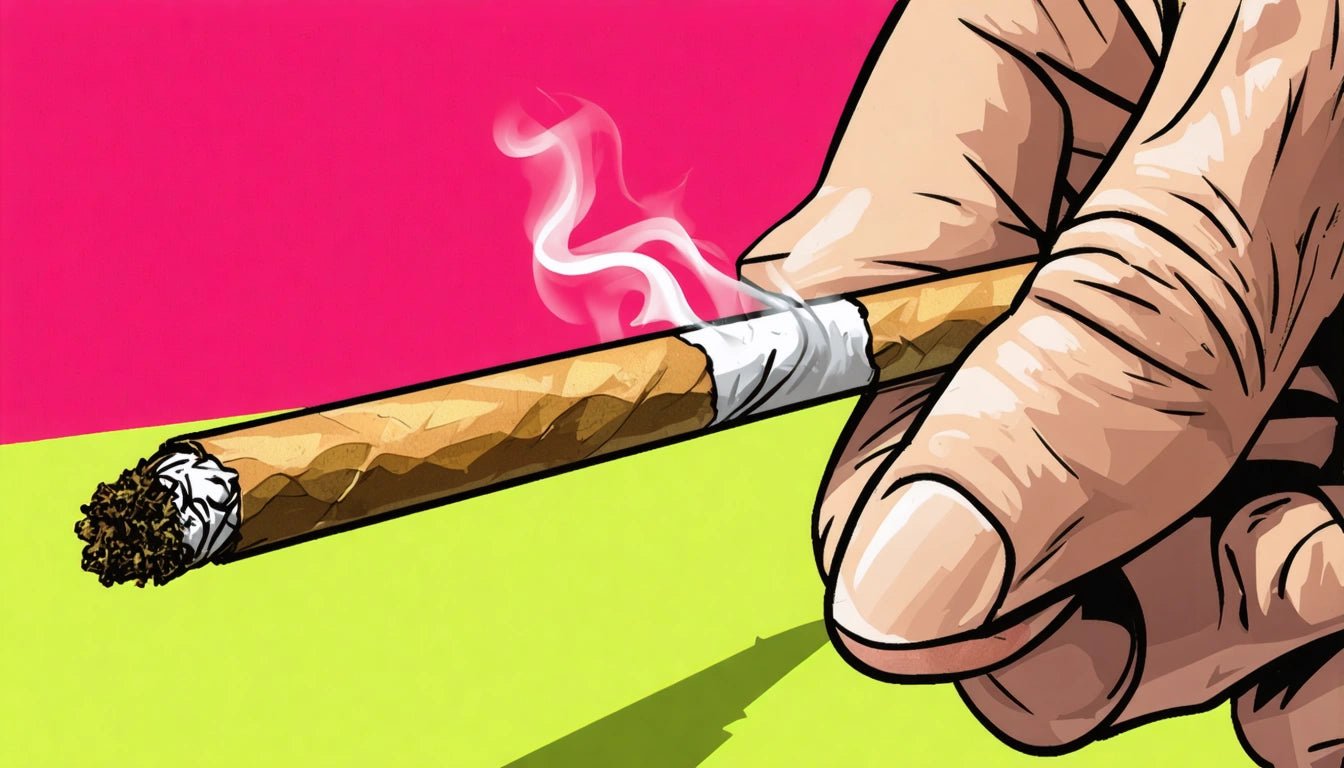 Hand holding a lit cigarette with smoke, against a pink and green background
