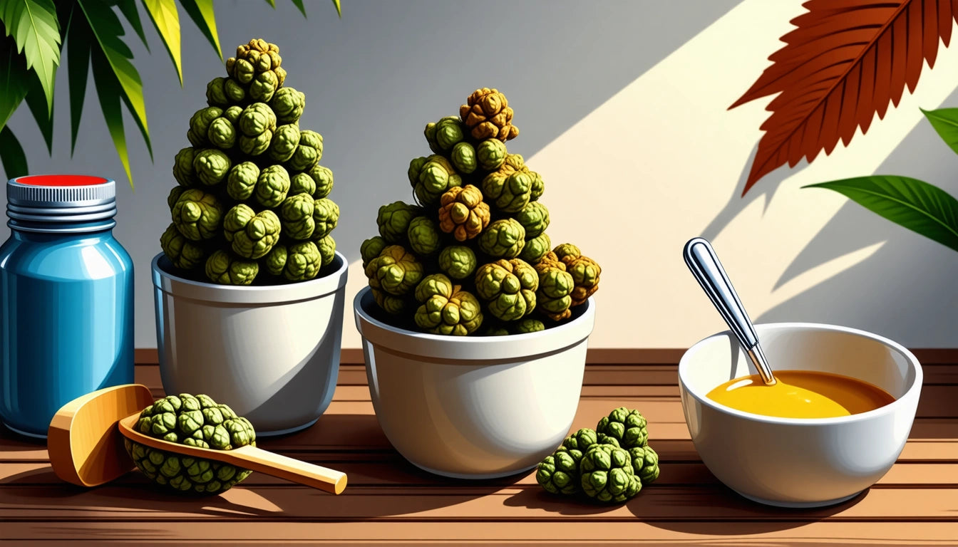 Three potted plants with clustered green bulbs, a small bowl of yellow liquid with a spoon, and a blue bottle on a wooden surface