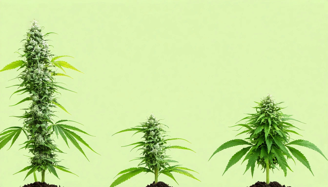 Three cannabis plants with green leaves and white buds against a light green background
