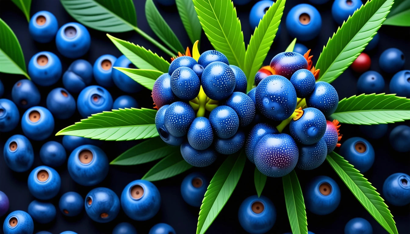 Clusters of blue berries surrounded by green leaves on a dark background