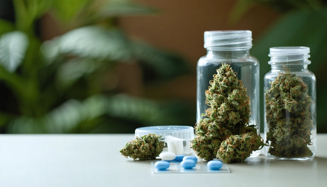Two jars with cannabis buds, blue pills on a blister pack, and a pill bottle on a table; blurred green plants in the background