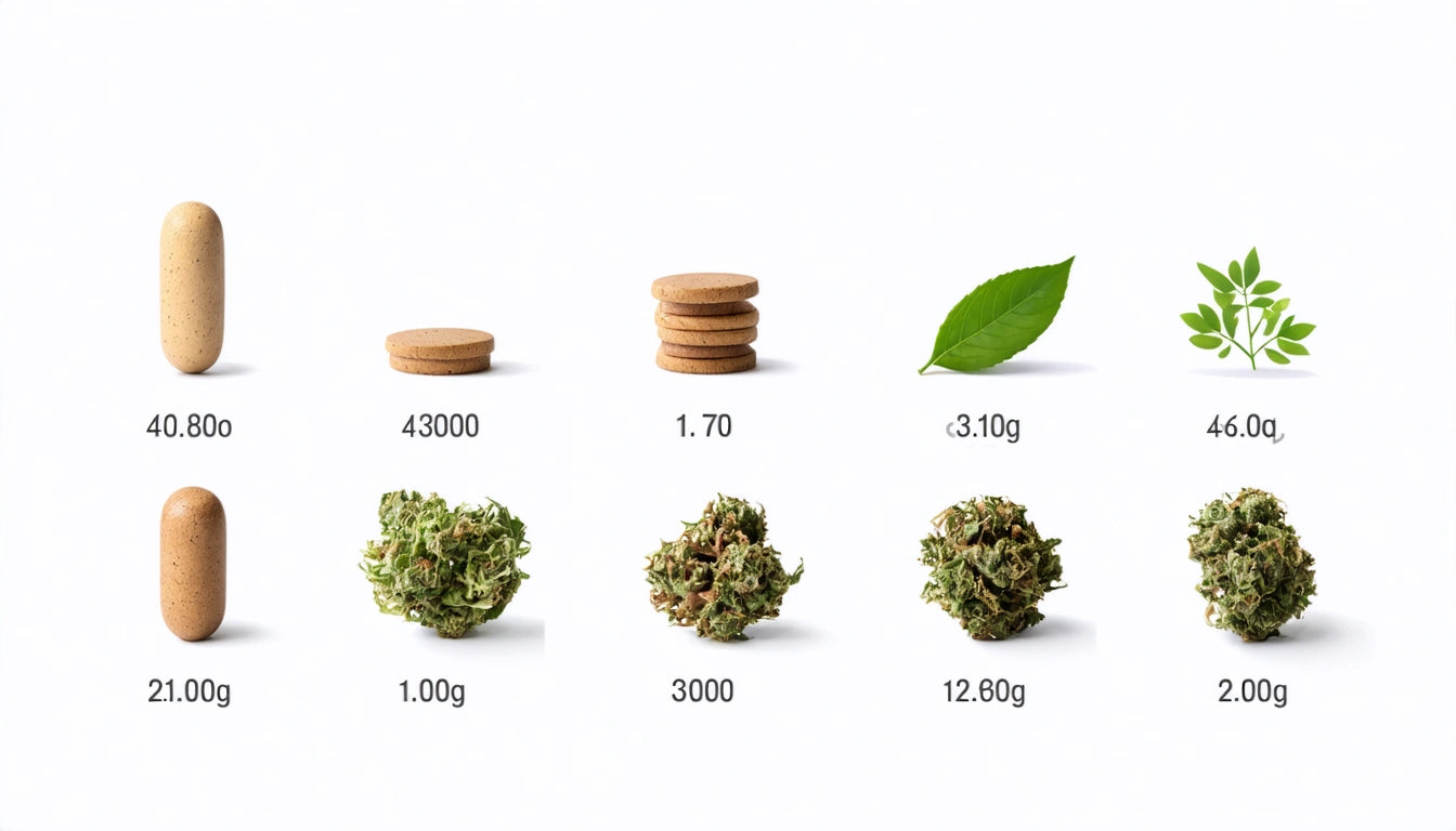 Two beige capsules, four brown tablets, green leaf, and three clusters of green buds, each labeled with different weights