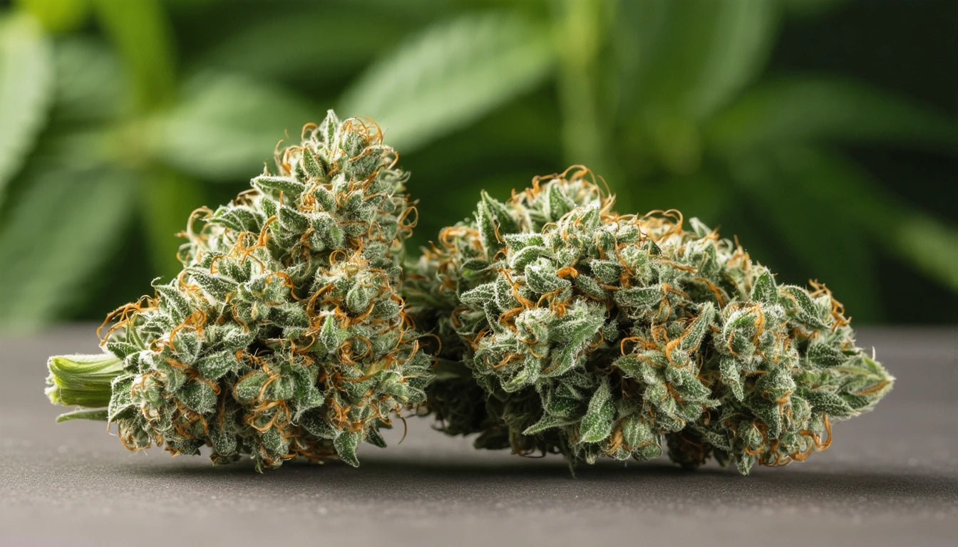 Two dense, green, spiky buds with orange hairs on a gray surface, blurred green leaves in the background