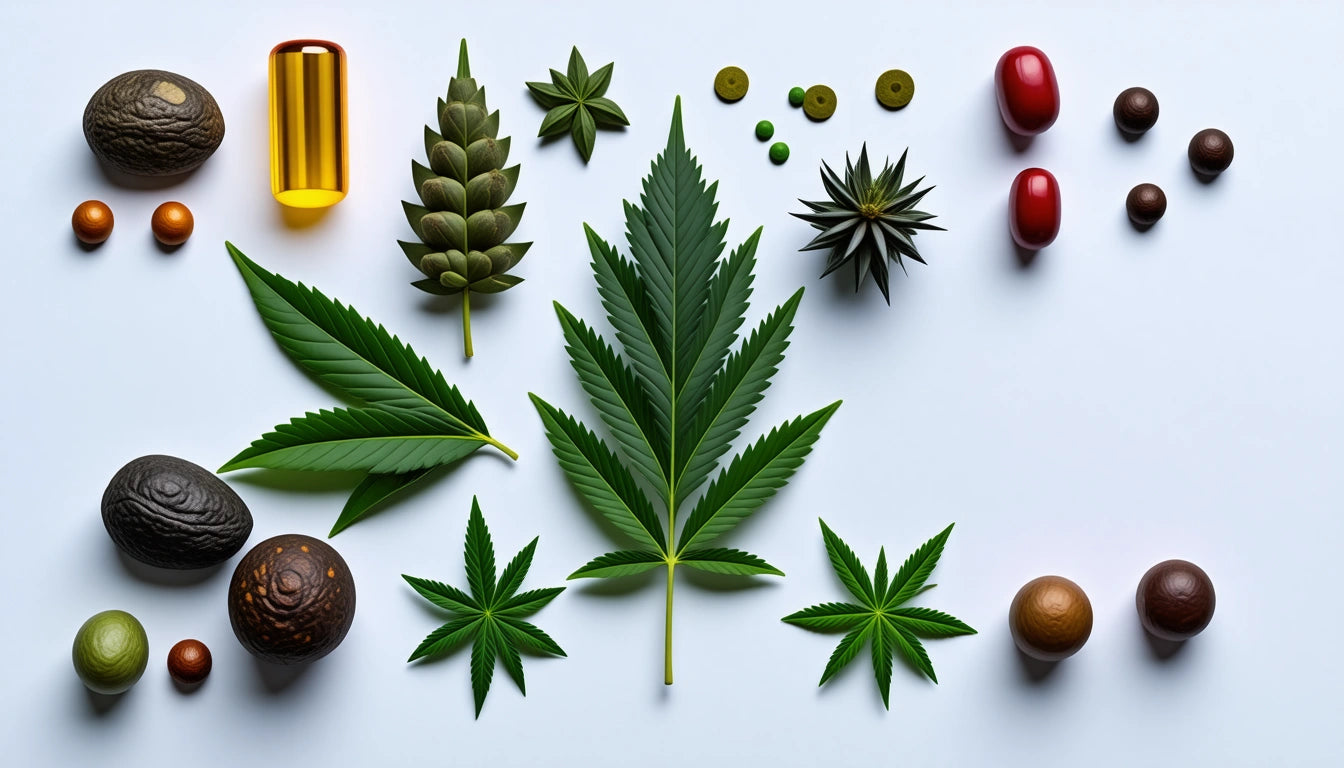 Various green leaves, seeds, and capsules arranged on a white background, including a large central leaf and colorful pills