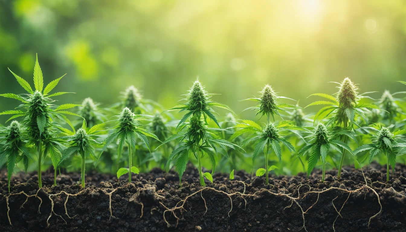 Rows of green plants with visible roots in soil, sunlight filtering through blurred background