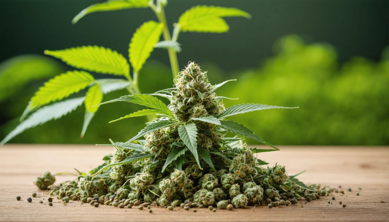 Pile of green buds and seeds on wooden surface, with leafy plant in background against a blurred green backdrop