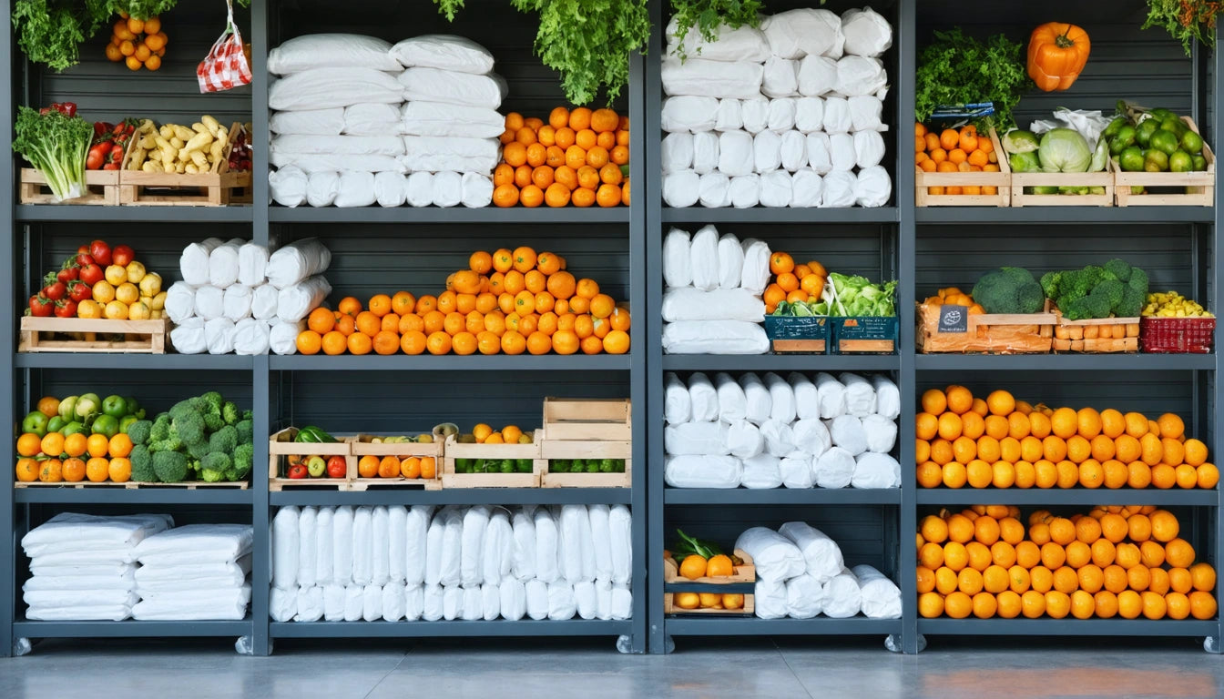 Shelves filled with stacked white bags, oranges, and crates of assorted fruits and vegetables, including peppers and broccoli