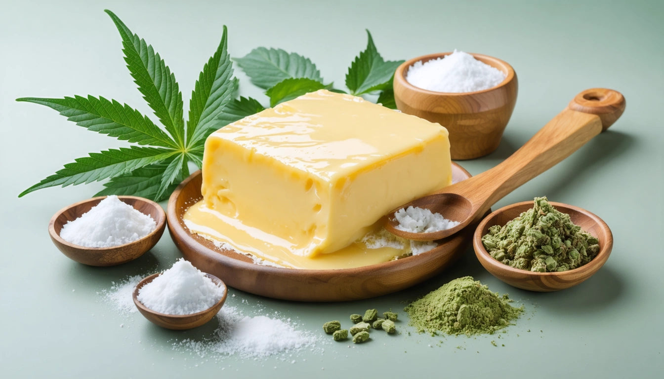 Block of butter on wooden board with green leaves, surrounded by small bowls of white powder and green powder on a light surface