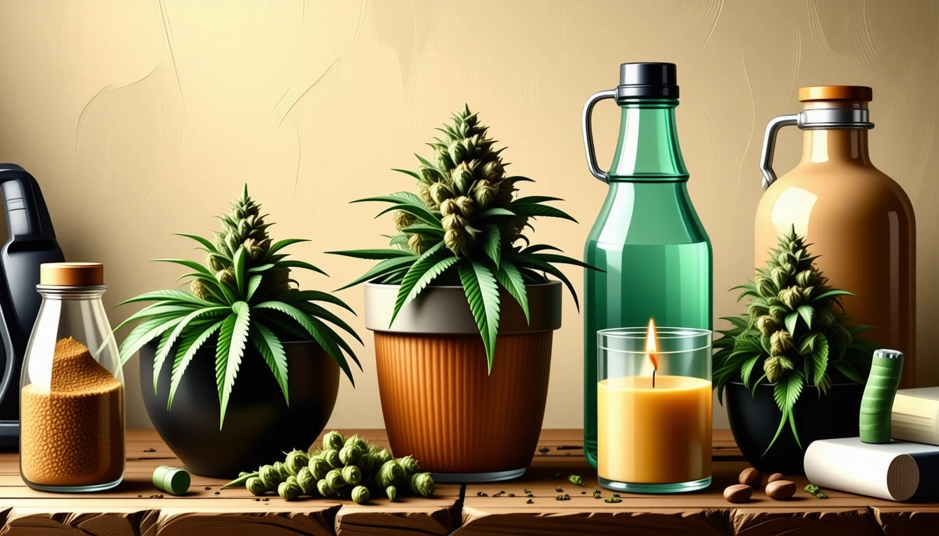 Potted plants with spiky leaves, glass bottles, a lit candle, and small green buds on a wooden surface