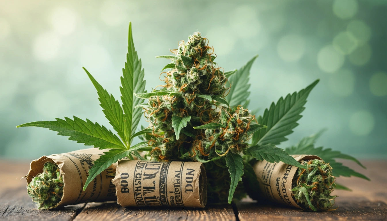 Green cannabis buds and leaves on wooden surface with blurred green background