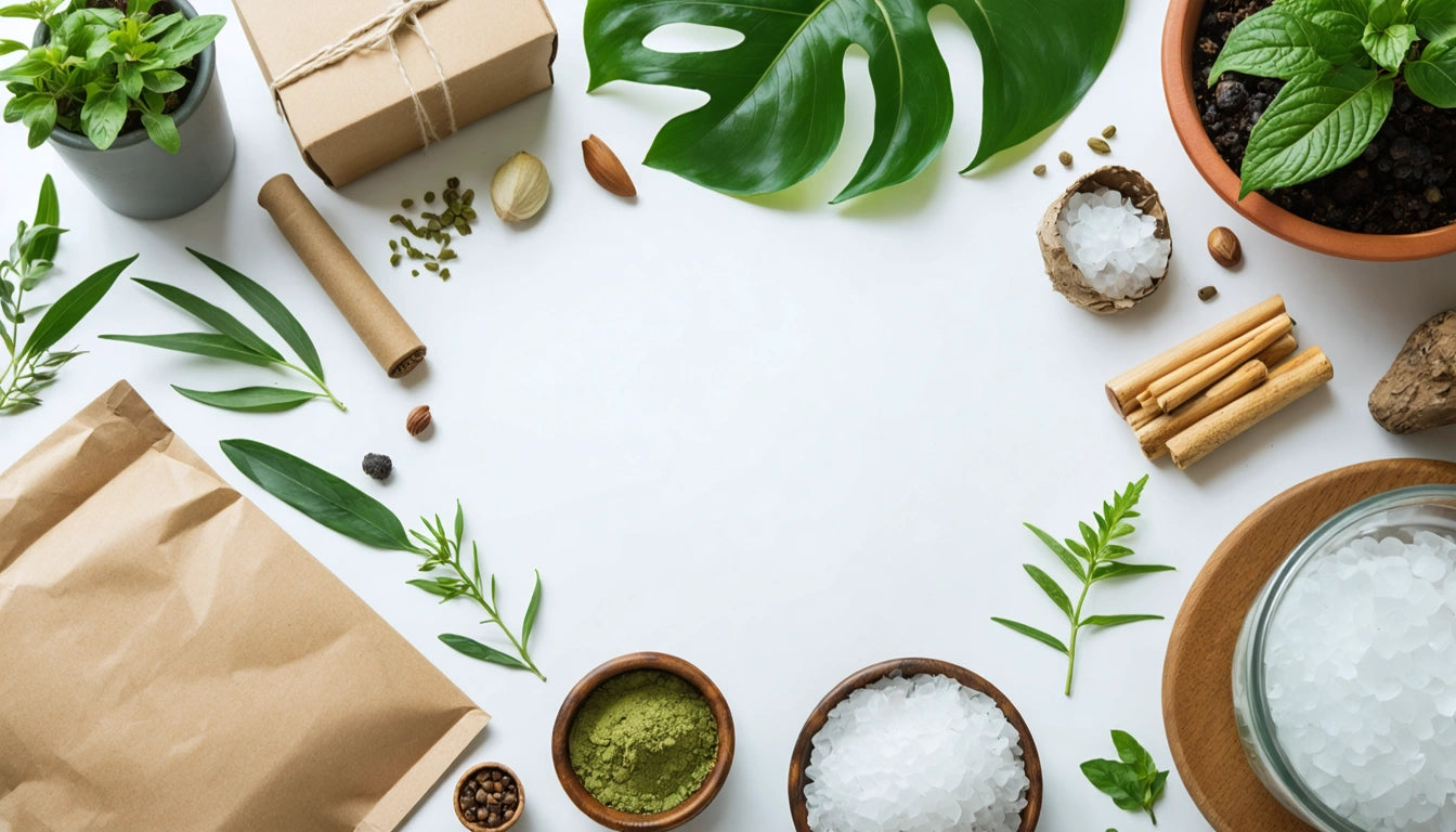 Green leaves, brown paper packages, bowls of salt, cinnamon sticks, and a potted plant arranged on a white surface