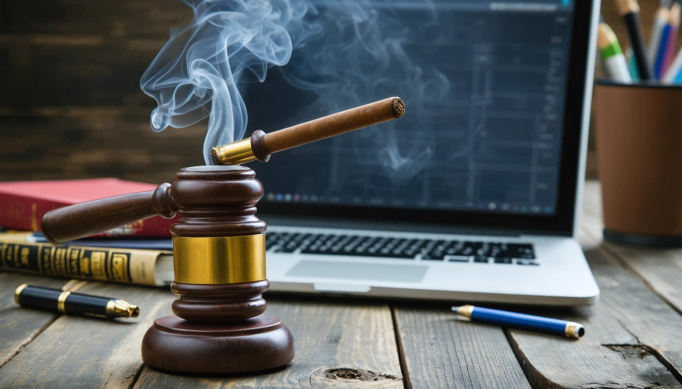Gavel with smoking cigar on wooden table, open laptop in background, red book, rolled paper, and pen nearby