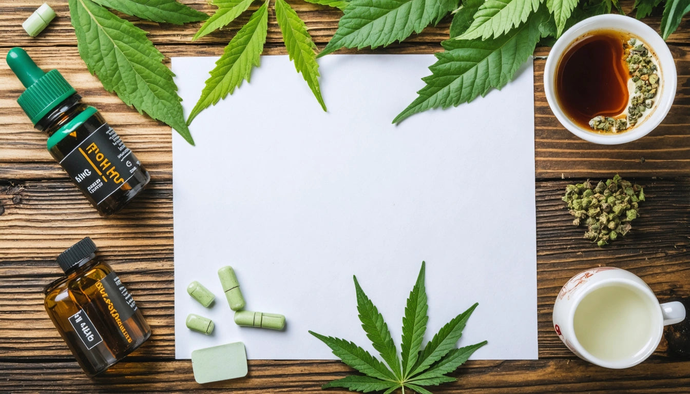 White paper surrounded by cannabis leaves, bottles, capsules, a cup of tea, and a small bowl on a wooden surface