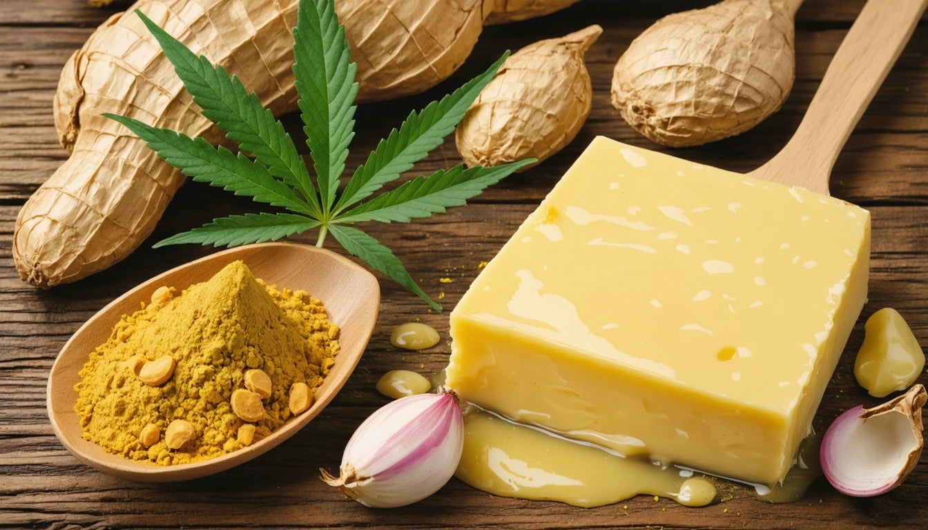 Block of butter on wooden spatula, peanuts, green leaf, wooden bowl with yellow powder, and garlic on rustic wooden surface