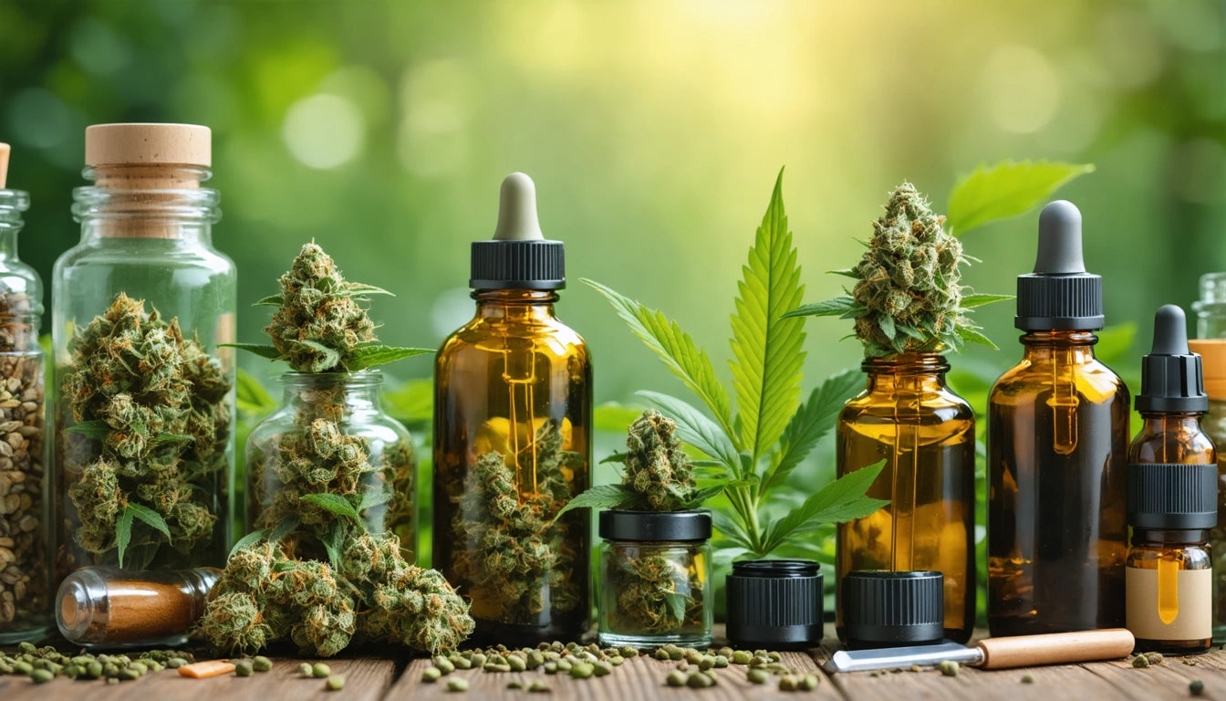 Glass jars and bottles with dropper lids, filled with green buds and leaves, on a wooden surface against a blurred green background