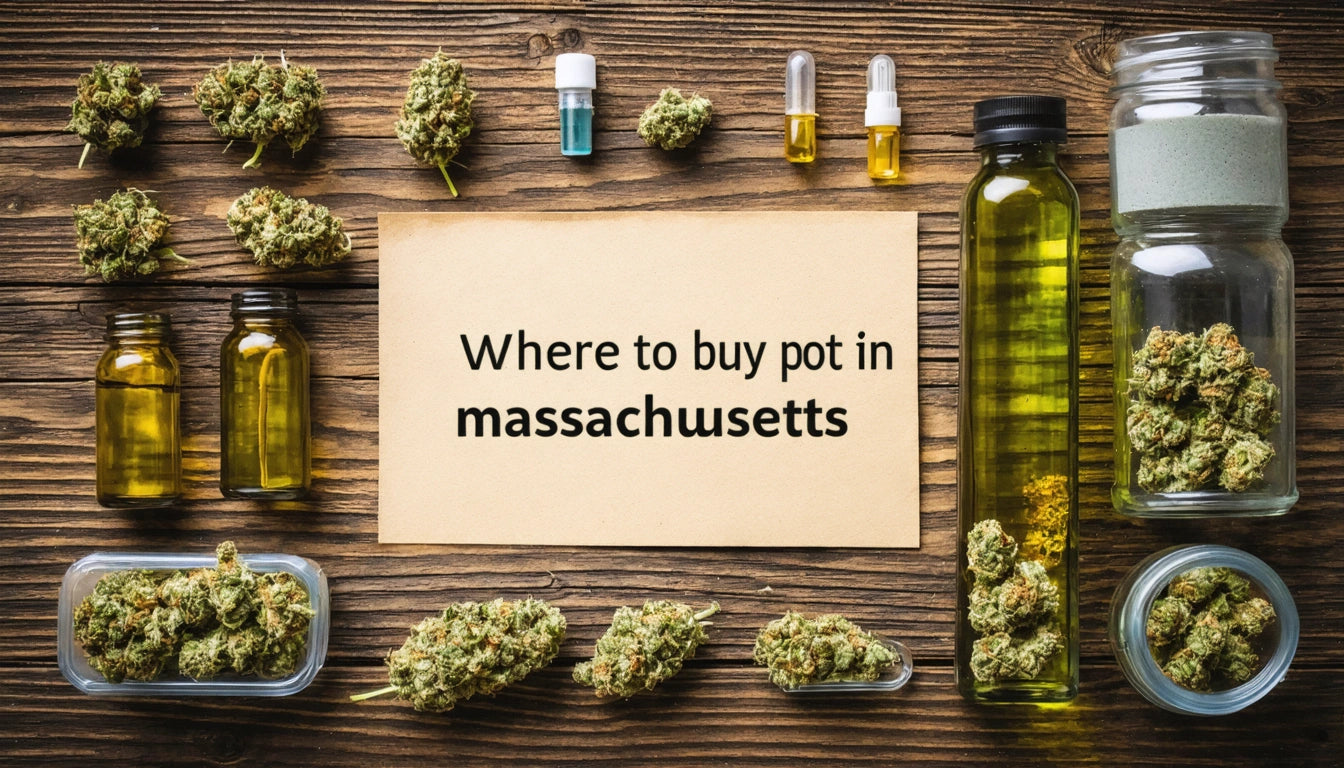 Brown paper with text surrounded by cannabis buds, oil bottles, and jars on a wooden surface