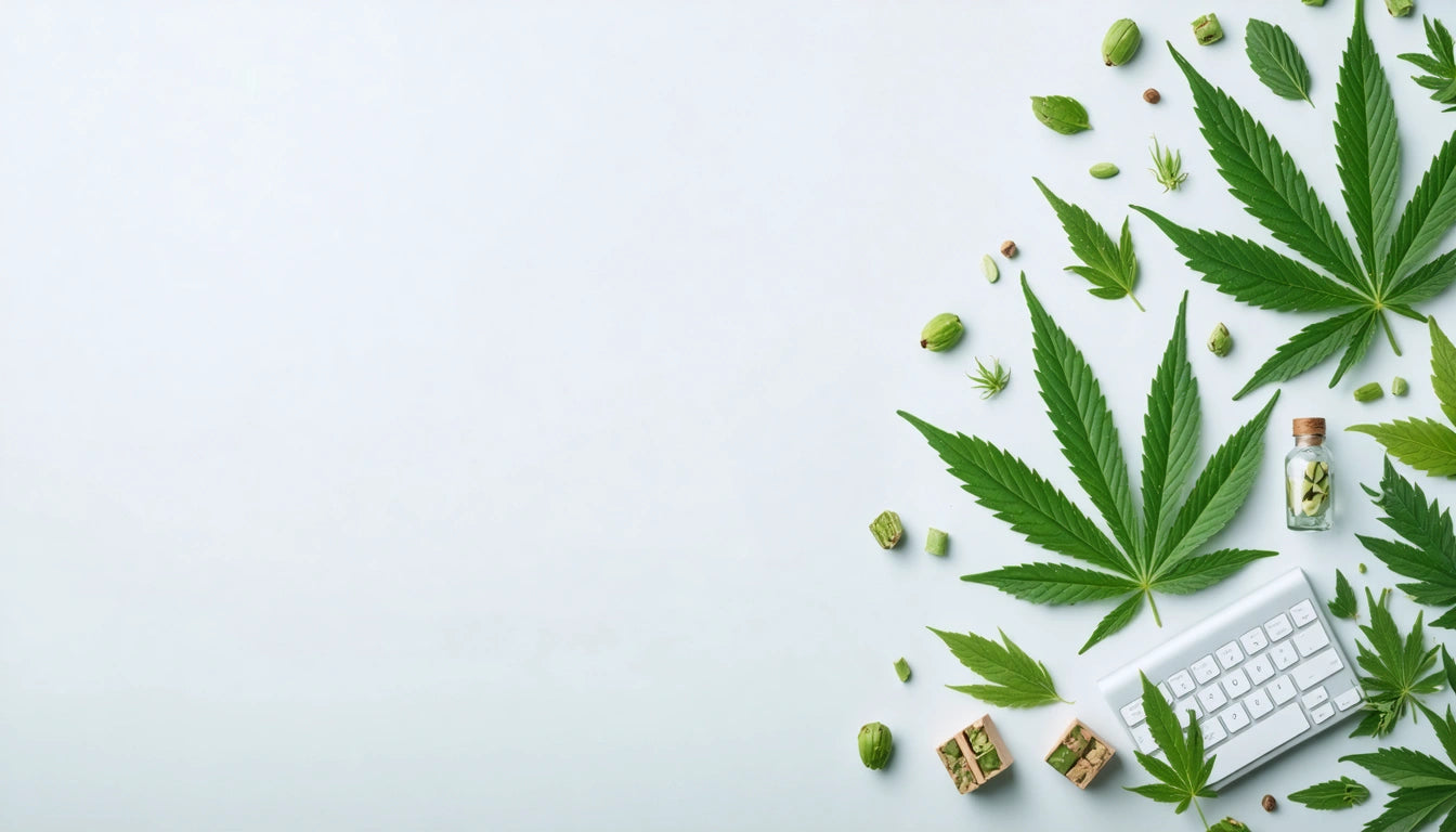 Green cannabis leaves, seeds, and a small keyboard on a white background, arranged diagonally from bottom right