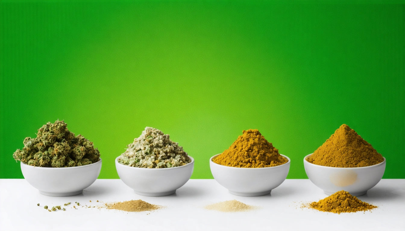Four white bowls with green herbs and yellow powders on a white surface, set against a bright green background