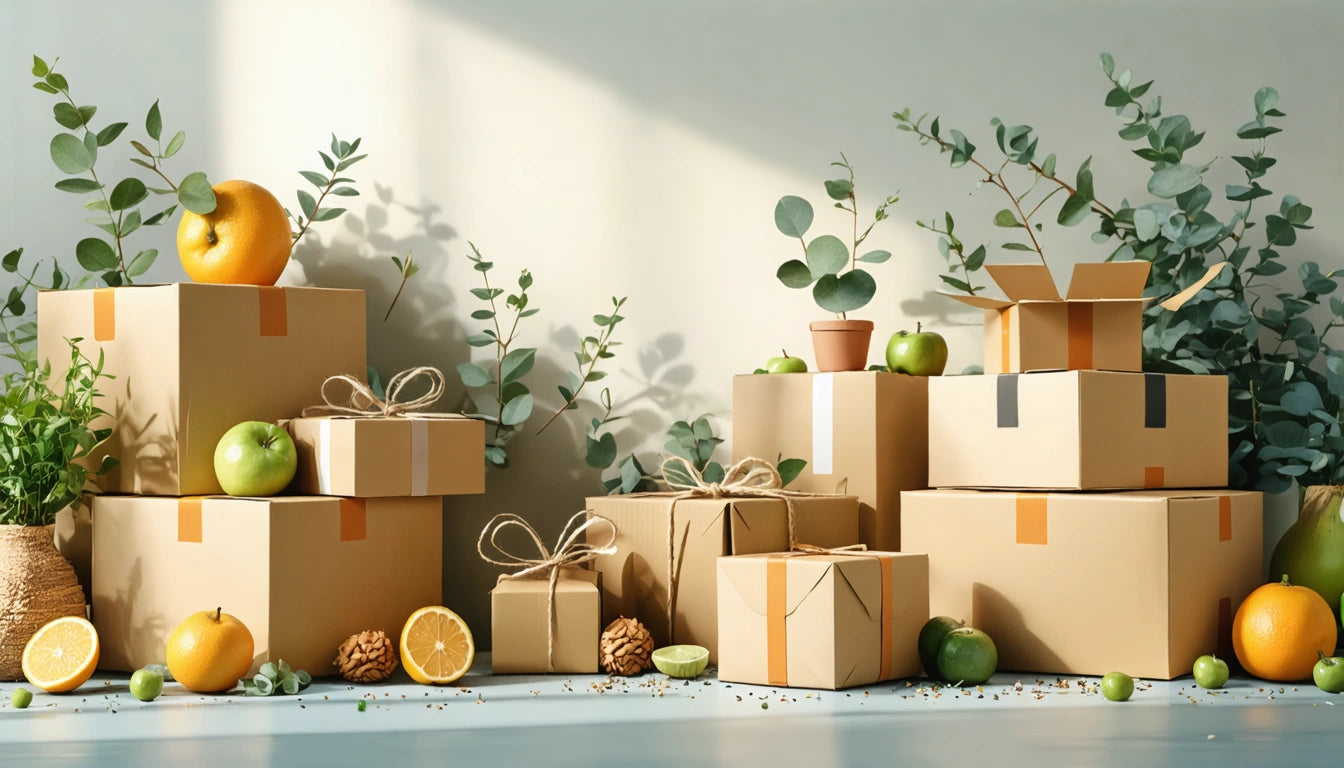 Cardboard boxes with ribbons, oranges, lemons, and green apples on a blue surface, surrounded by potted plants