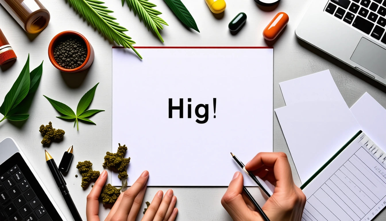 Hands holding a pen near paper with "Hig!" surrounded by leaves, pills, a keyboard, and a potted plant on a desk