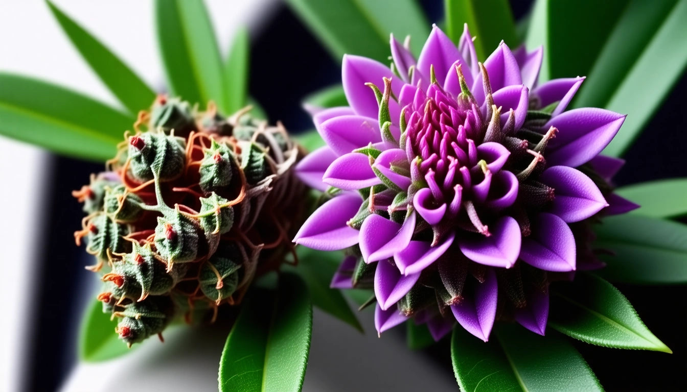 Purple flower with layered petals next to a dried, curled flower, surrounded by green leaves