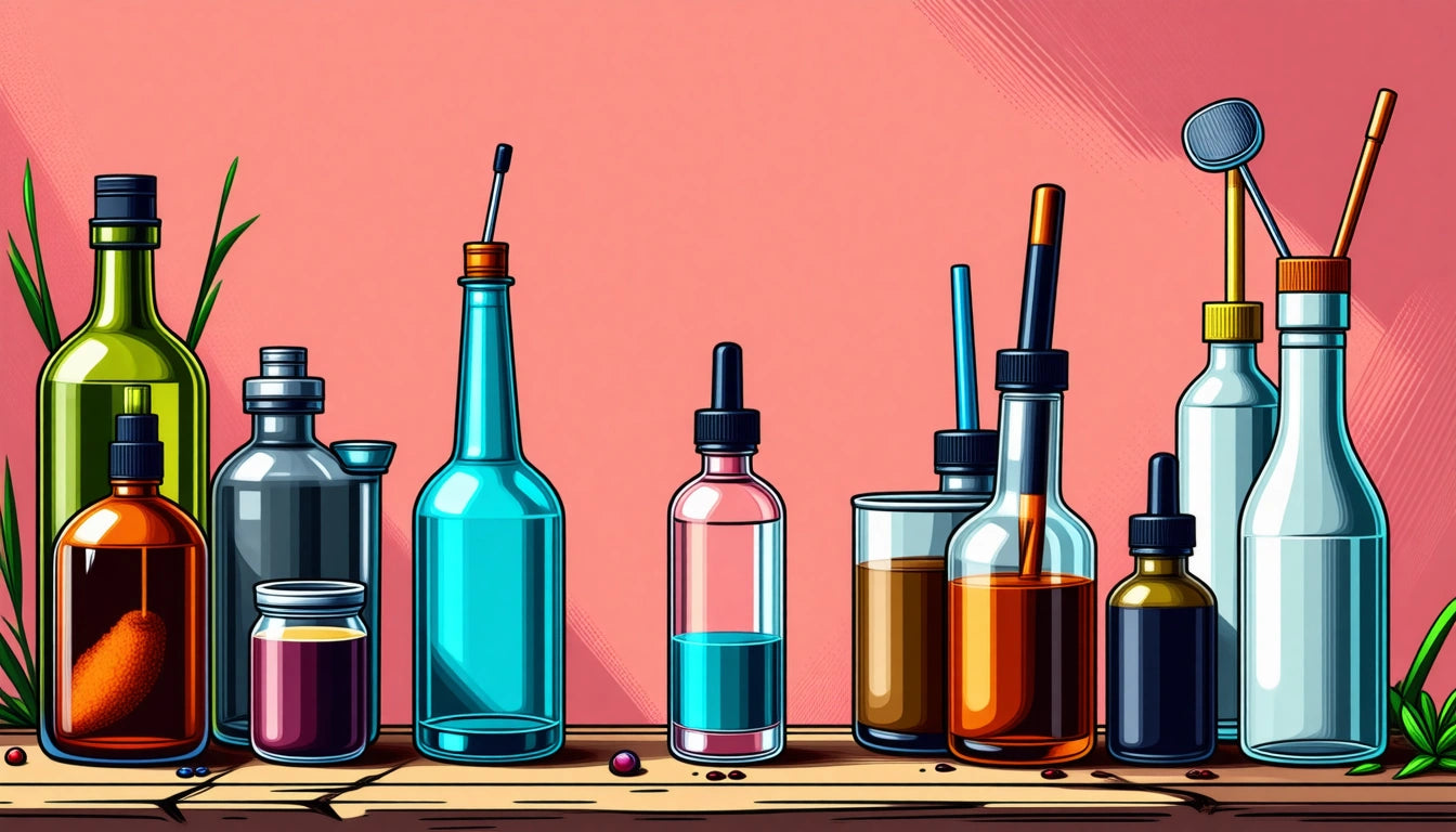 Various colorful bottles and jars with droppers and straws on a wooden surface against a pink background