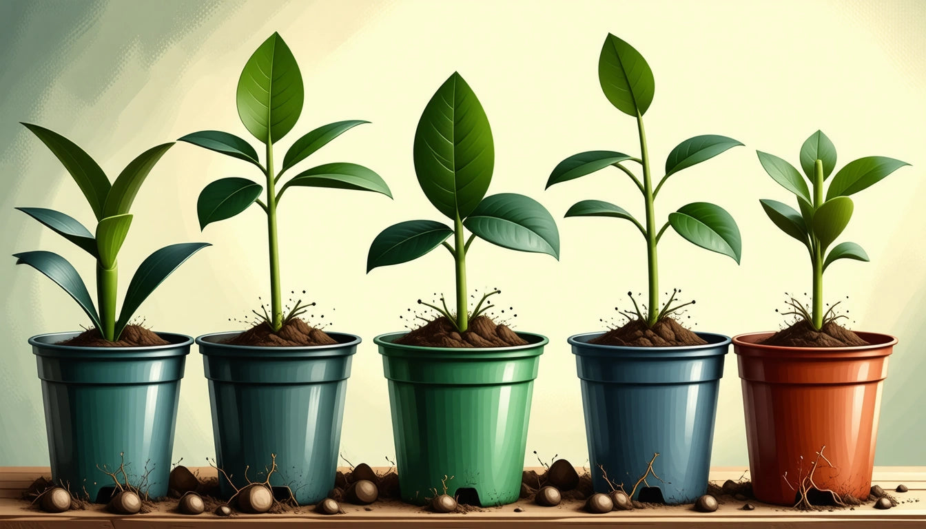 Five potted plants with green leaves in blue and red pots on a wooden surface, scattered seeds and soil around